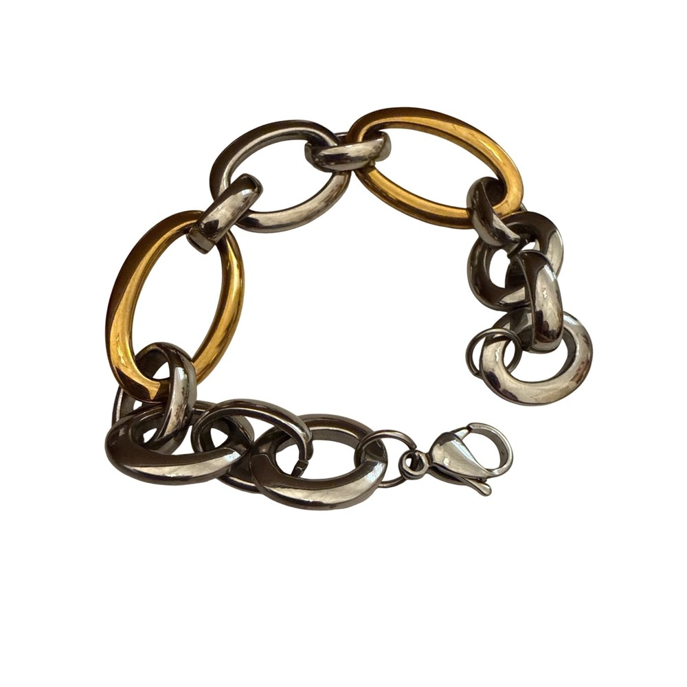 Mixed Metal‎ Link Bracelet Silver Gold Tone Oval Chain Modern Minimalist 7.5" - Picture 6 of 10
